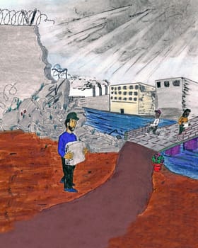 People building a road over a river out of partly knocked down wall in an industrial area.