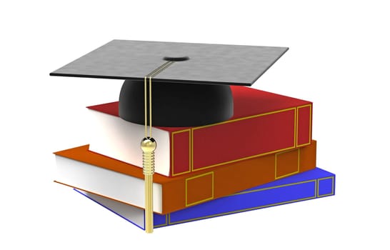 Bachelor cap and books for the student isolated on white