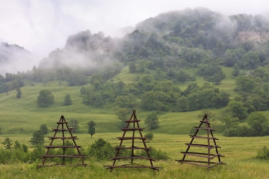 a beautiful green field clouds and fog