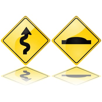Glossy illustrations showing a series of curves and a speed bump, meaning trouble ahead