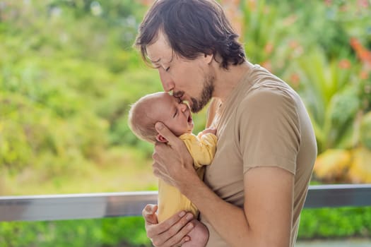A father gently embraces his newborn baby near a window, bathed in soft natural light. A heartwarming moment of love, protection, and deep connection, symbolizing the beauty of fatherhood and new beginnings.