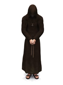 3d render of a christian monk with his head bowed, contemplating. White background.