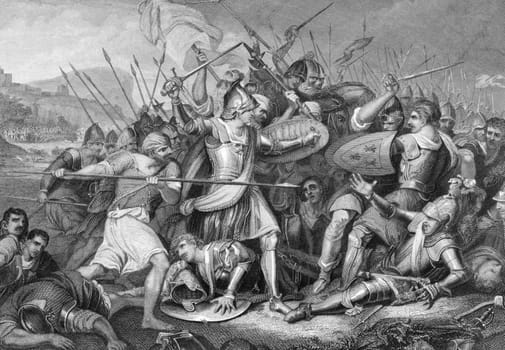 Battle of Agincourt in 1415 on engraving from the 1800s. Major English victory against a numerically superior French army in the Hundred Years War. Engraved by J.Rogers after a painting by J.H.Mortimer and published by J.&amp  F.Tallis.