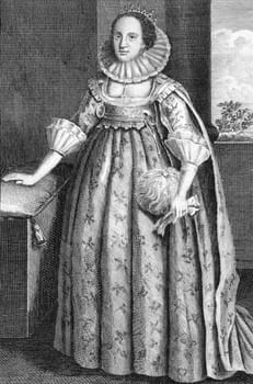 Catherine Knevet (1564-1633) on engraving from 1784. Countess of Suffolk, second wife of Thomas Howard, 1st Earl of Suffolk. Engraved for Walpoole&#039 s new complete British traveller.
