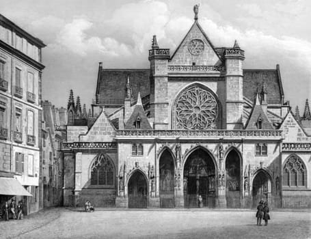 Church of Saint Germain l&#039 Auxerrois on engraving from 1845. Engraved by Hurlimann.