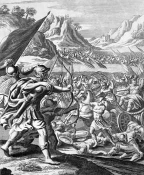 Death of Ahab on engraving from the 1700s. Engraved by J.Kip after a picture by G.Freman.