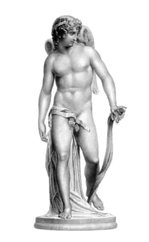 Statue of Cupid on engraving from the 1800s. Roman God of desire, affection and erotic love, that was a copy of Greek God Eros. Engraved by J.Thomson from a statue by R.Westmacott.