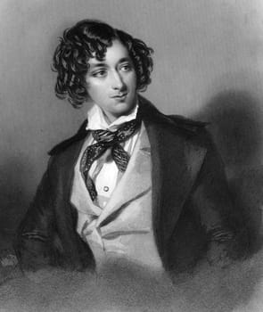 Benjamin Disraeli, 1st Earl of Beaconsfield  (1804-1881) on engraving from 1839. British Prime Minister, parliamentarian, Conservative statesman and literary figure. Engraved by H.Robinson after a painting by A.E.Chalon and published by Virtue &amp  Co.