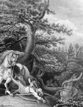Death of William Rufus during a hunting trip in the New Forest on engraving from the 1800s. King of England during 1087-1100. Engraved by J.Rogers after a painting by Burney and published by J.&amp  F.Tallis.
