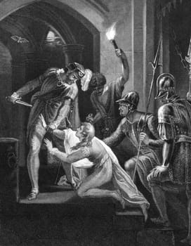 Death of Prince Arthur on engraving from the 1800s. Engraved by J.Rogers after a painting by W.Hamilton and published by J.&amp  F.Tallis.