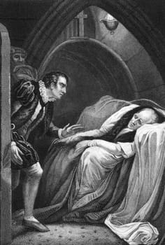 Death of Mortimer, from Shakespeare&#039 s Henry VI, Part I, Act II, Scene V on engraving from 1800s. Engraved by J.Rogers after a painting by J.Northcote and published by J.Tallis &amp  Co.
