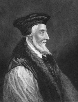 Hugh Latimer (1487-1555) on engraving from 1838. Fellow of Clare College, Cambridge, Bishop of Worcester and later Church of England chaplain to King Edward VI.  Engraved by J.Rogers after a painting by A.vander Werff and published by J.Tallis &amp  Co.