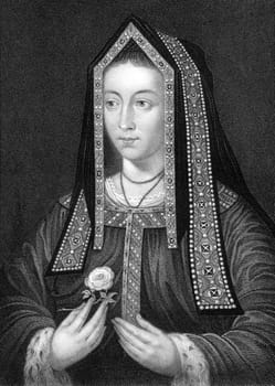 Elizabeth of York (1466-1503) on engraving from 1838. Queen consort of England as spouse of King Henry VII during 1486-1503 and mother of King Henry VIII. Engraved by W.Holl and published by J.Tallis &amp  Co.