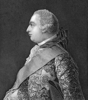 George III (1738-1820) on engraving from 1830. King of Great Britain and Ireland during 1760-1820. Engraved after a painting by A.Ramsay.