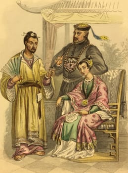 Japanese and Chinese costumes on engraving from 1853 by Rouargue.