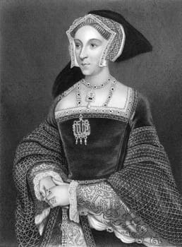 Jane Seymour (1508-1537) on engraving from 1838. Queen consort of England as the third wife of King Henry VIII. Engraved by H.Robinson after a painting by Holbein and published by J.Tallis &amp  Co.