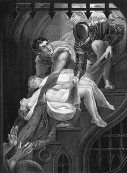 Murder of the two princes, the only sons of Edward IV of England in 1483 on engraving from the 1800s. Engraved by J.Rogers after a painting by Northcote and published by J.&amp  F.Tallis.