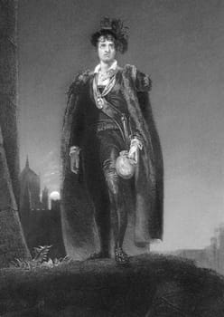 John Philip Kemble (1757-1823) as Hamlet on engraving from 1838. English actor. Engraved by C.Marr after a painting by T.Lawrence and published in London by G.Virtue.