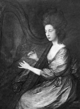 Louisa Clarges (1760-1809) on engraving from 1900. Accomplished singer, harp player and patron of several outstanding musicians. Engraved after a painting by 	T.Gainsborough and published by Virtue &amp  Co.