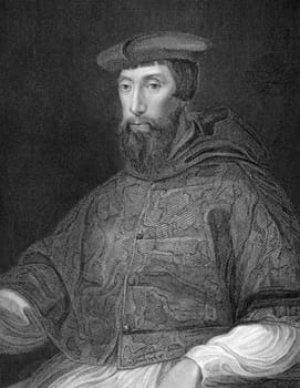 Reginald Pole (1500-1558) on engraving from 1838. English Cardinal of the Catholic Church and the last Archbishop of Canterbury. Engraved by H.T.Ryall after a painting by Titian and published by J.Tallis &amp  Co.
