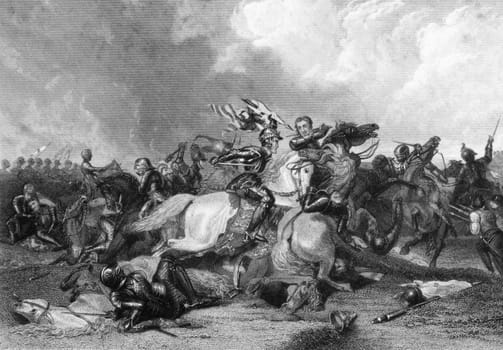 Richard III and the Earl of Richmond at the Battle of Bosworth in 1485 on engraving from the 1800s. Engraved by J.Rogers after a painting by A.Cooper and published by J.&amp  F.Tallis.
