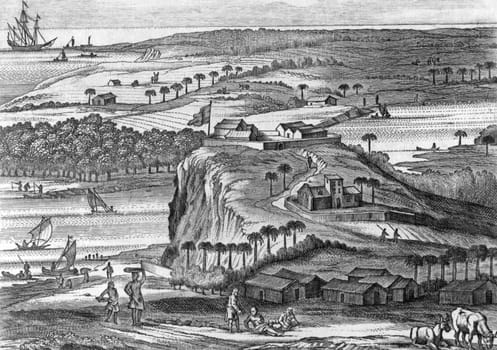 The fortress of Kalutara in Sri Lanka on engraving from 1672. Engraved by Baldaeus and published in his book Description of the Isle of Ceylon.