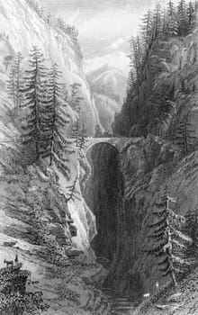 The middle bridge in the Viamala on engravig from 1878. Engraved by Havell after a picture by Tombleson.