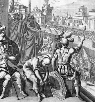 Seige of Samaria on engraving from the 1700s. Engraved by J.Kip after a picture by G.Freman.