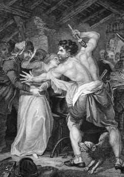 Wat Tyler Killing the Poll Tax Collector on engraving from 1876. Engraved by J.Rogers after a painting by J.Rigand and published by J.&amp  F.Tallis.