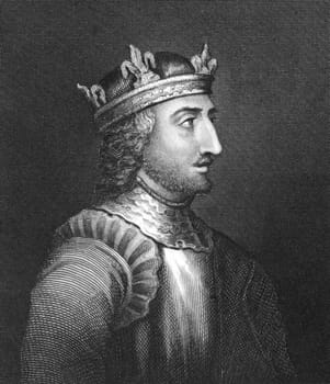 King Stephen (1096-1154) on engraving from 1830. Grandson of William the Conqueror and last Norman King of England during 1135-1141. Published in London by Thomas Kelly.