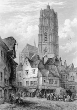 Rodez Cathedral on engraving from 1872. Engraved by J.J.Crew after a picture by L.J.Wood.