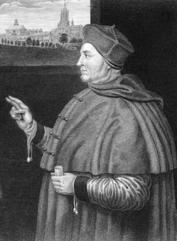 Thomas Wolsey (1473-1530) on engraving from 1838. English political figure and cardinal of the Roman Catholic Church. Engraved by W.H.More after a painting by Holbein and published by J.Tallis &amp  Co.