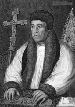 William Warham (1450-1532) on engraving from 1838. Archbishop of Canterbury. Engraved by W.T.Mote after a painting by Holbein and published by J.Tallis &amp  Co.