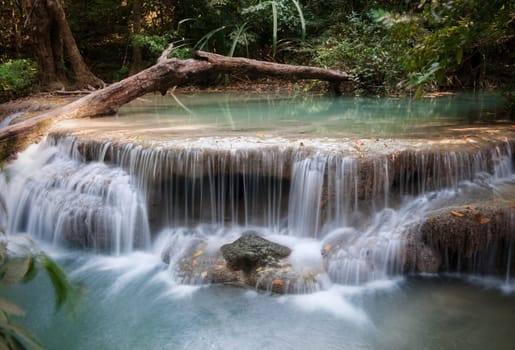 beautiful waterfall cascades in erawan kanachanburi thailand