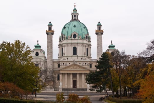 Autumn view of the St. Charles's Church in Vienna.
