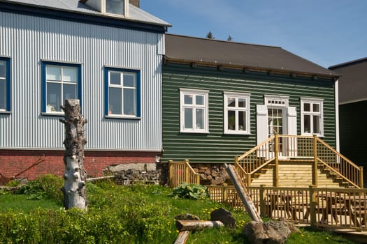 ICELAND,BORGARNES - June 7th,2010: Typical wooden houses in the icelandic smalltown of Borgarnes at a sunny summer day. Photo taken on June 7th,2010.