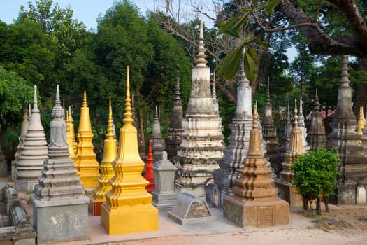 A number of different colored Stupas at Wat Bo in cambodian city Siem Reap