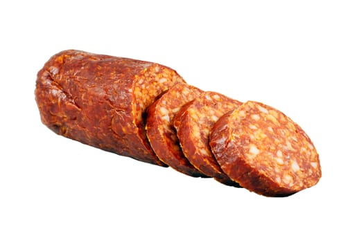 Sliced smoked sausage isolated on white background