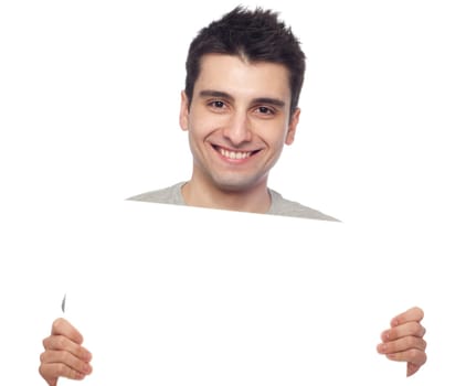 handsome young man displaying a banner ad isolated on white background