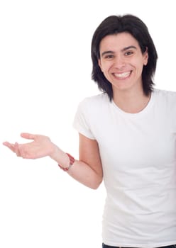 smiling casual woman showing copy space (isolated on white background)