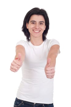 smiling casual woman with thumbs up on an isolated white background