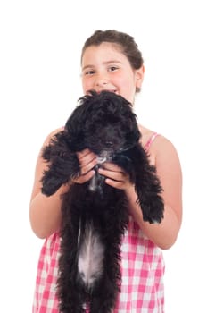 adorable little girl holding her dog (isolated on white background)