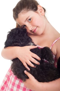 adorable little girl holding her dog (isolated on white background)