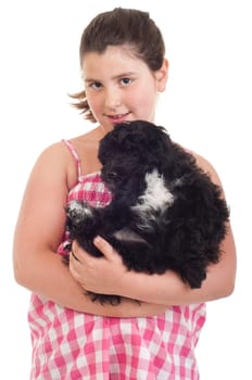 adorable little girl holding her dog (isolated on white background)
