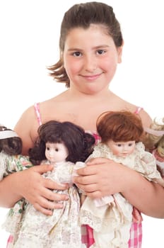 joyful little girl with her favorite dolls (isolated on white background)