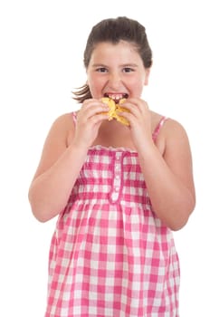 cute little girl with hungry expression eating chips (isolated on white background)