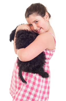 adorable little girl holding her dog (isolated on white background)