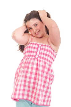adorable little girl portrait smiling in a pink top (isolated on white background)