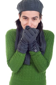 freezing winter woman portrait with scarf, gloves and hat (isolated on white background)