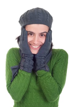 freezing winter woman portrait with scarf, gloves and hat (isolated on white background)
